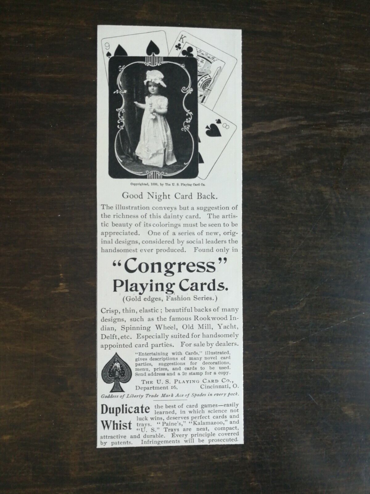 Vintage 1902 Congress Playing Cards Good Night Card Back  Original Ad - 1021