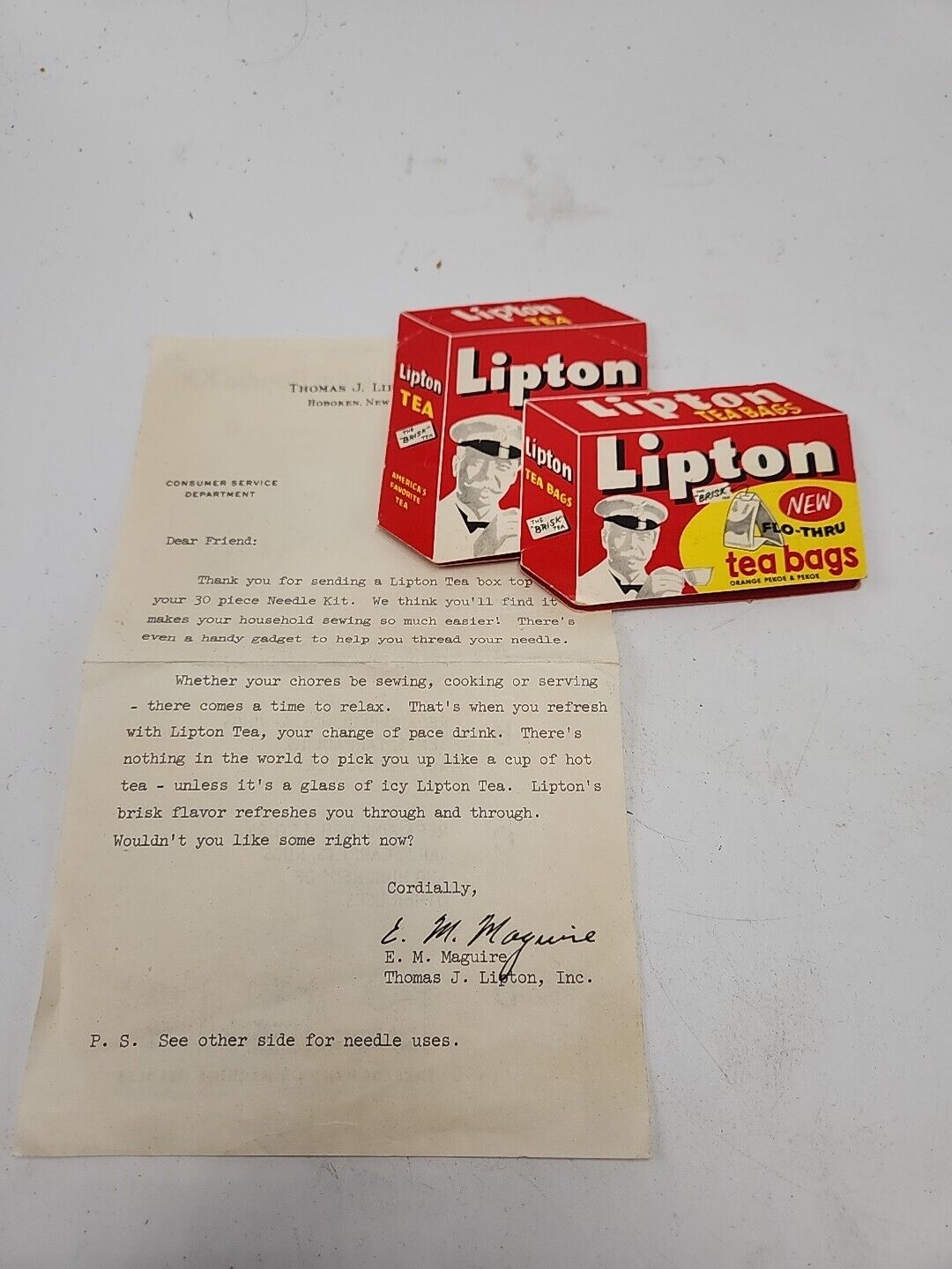 Vintage New Flo Thru Lipton Tea Bags Sewing Kit with Customer Service Letter 