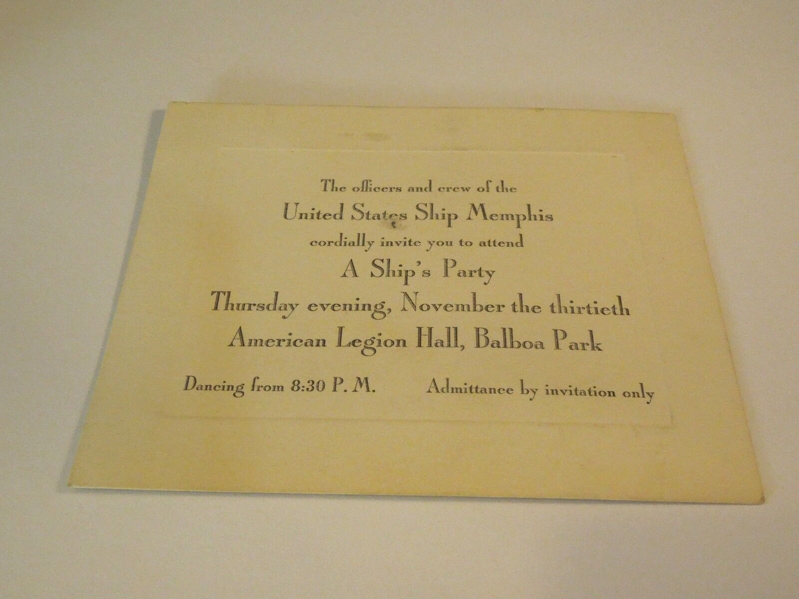 Vintage 1939 United States Navy U.S.S. Memphis Ship\'s Dance Party Invitation