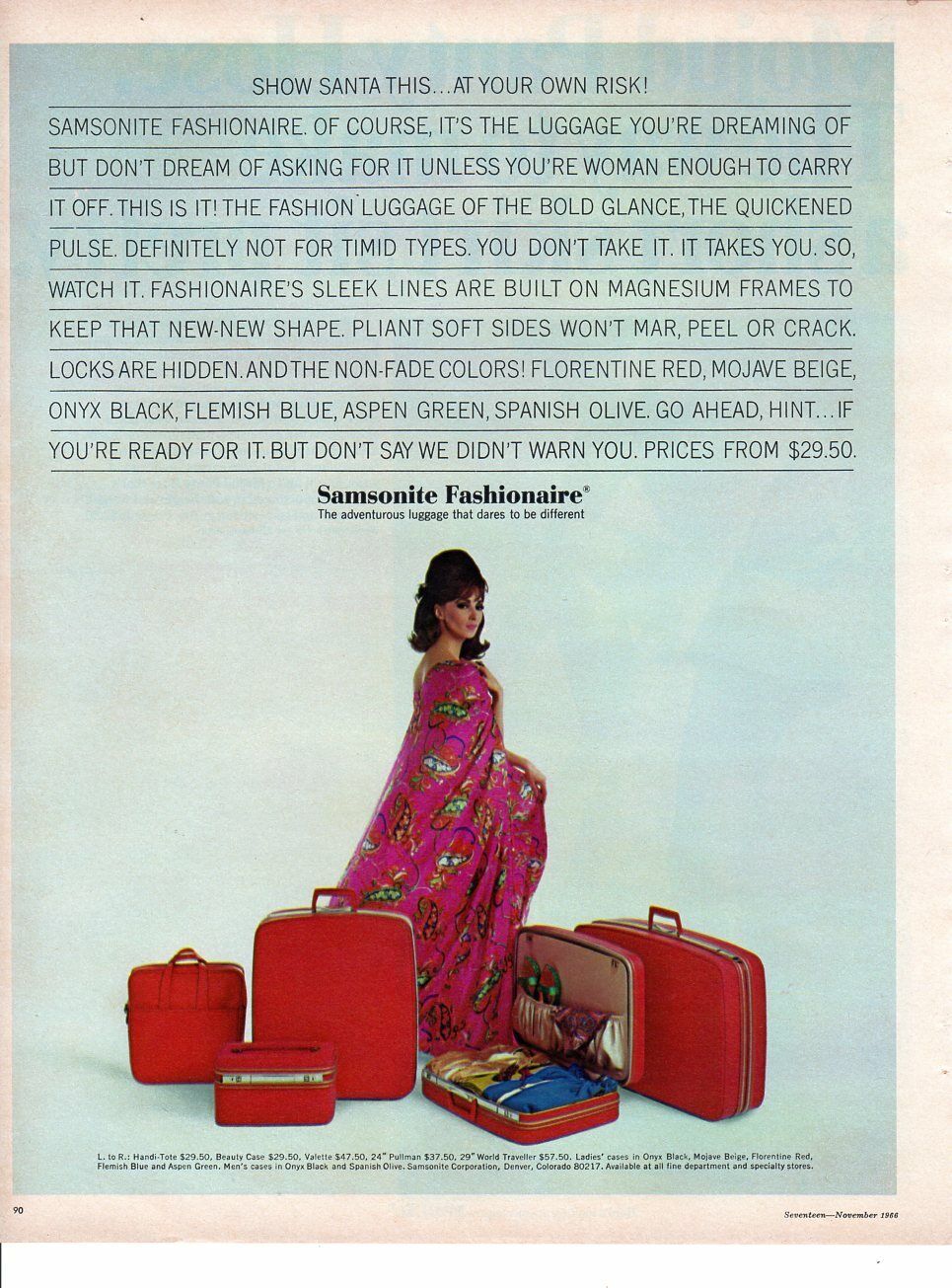 Vintage advertising print ad FASHION Luggage Samsonite Show Santa Fashionaire 66