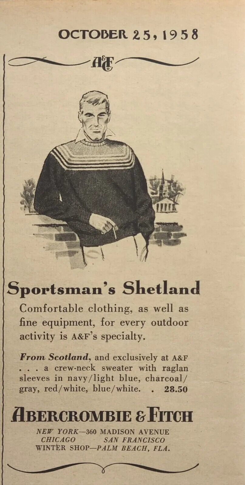 Abercrombie & Fitch Sportsman\'s Shetland Sweater Scotland Vintage Print Ad 1958