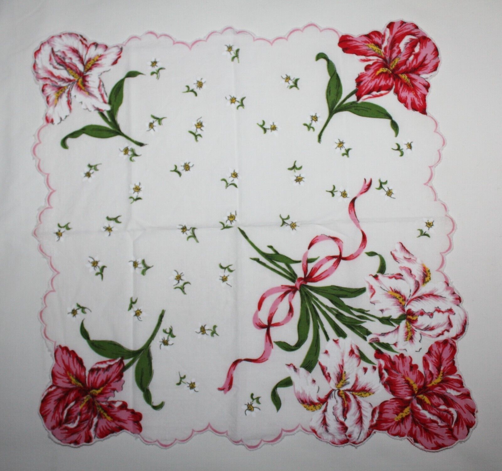 Vintage Hanky Handkerchief ~ Pink & White Iris Flower Design