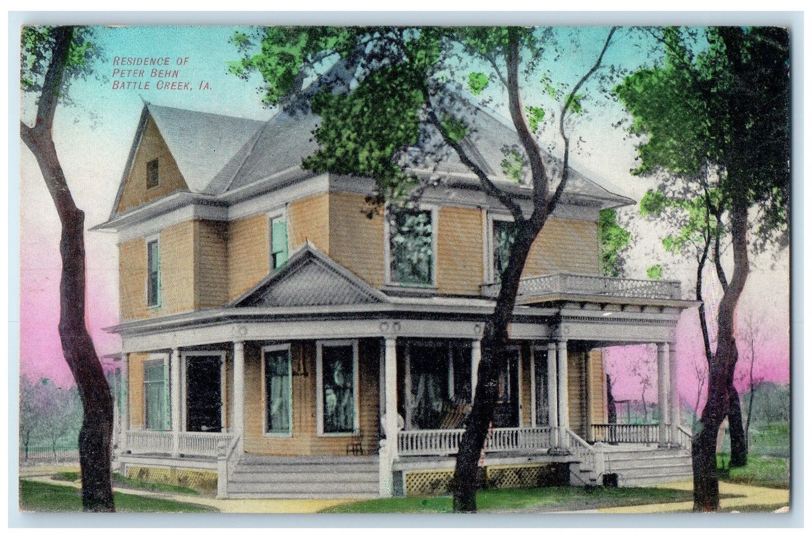 1908 Residence Of Peter Behn House Terrace Stairs Battle Creek Iowa IA Postcard