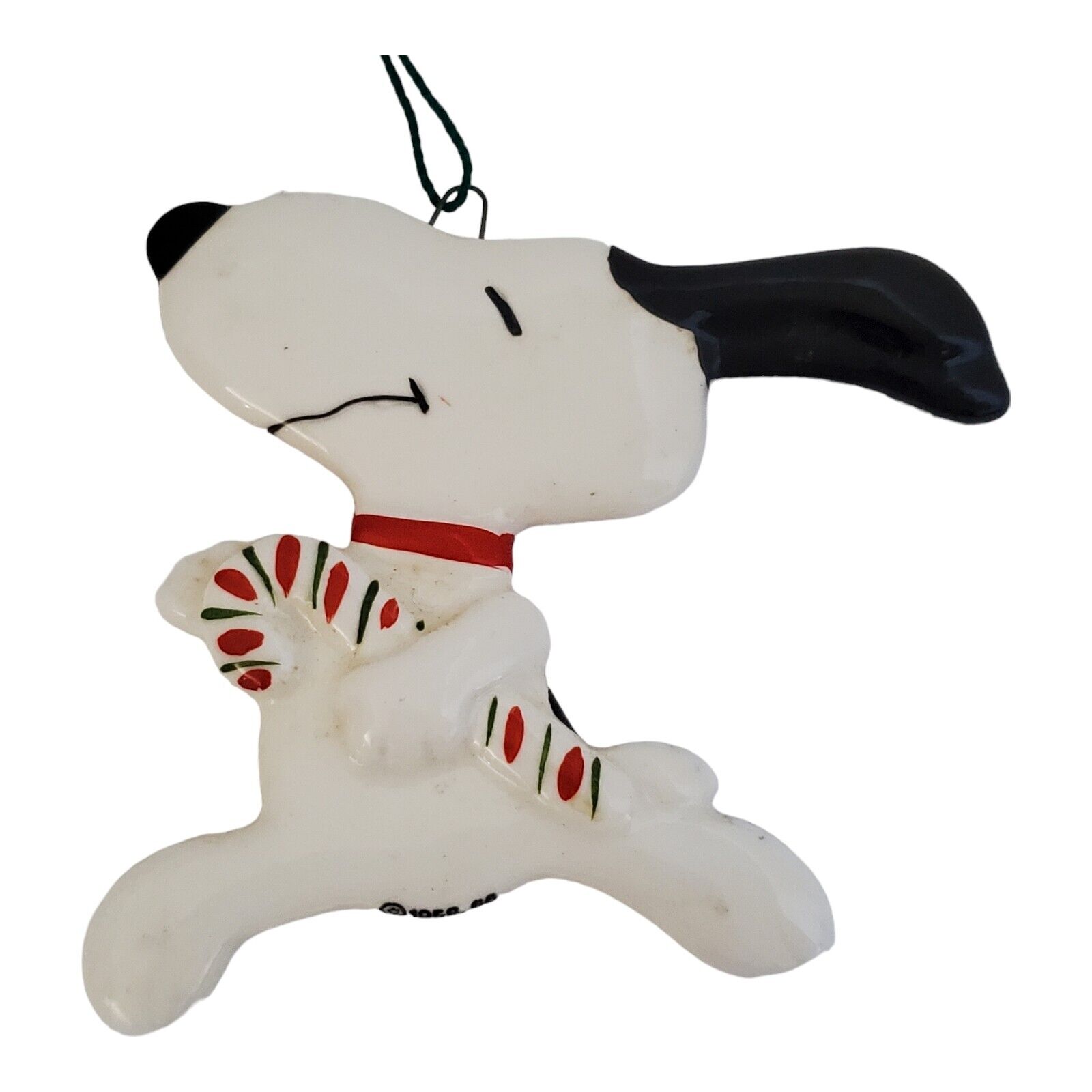 Vintage Peanuts Snoopy Holding Candy Cane Ceramic Christmas Ornament Japan 1958