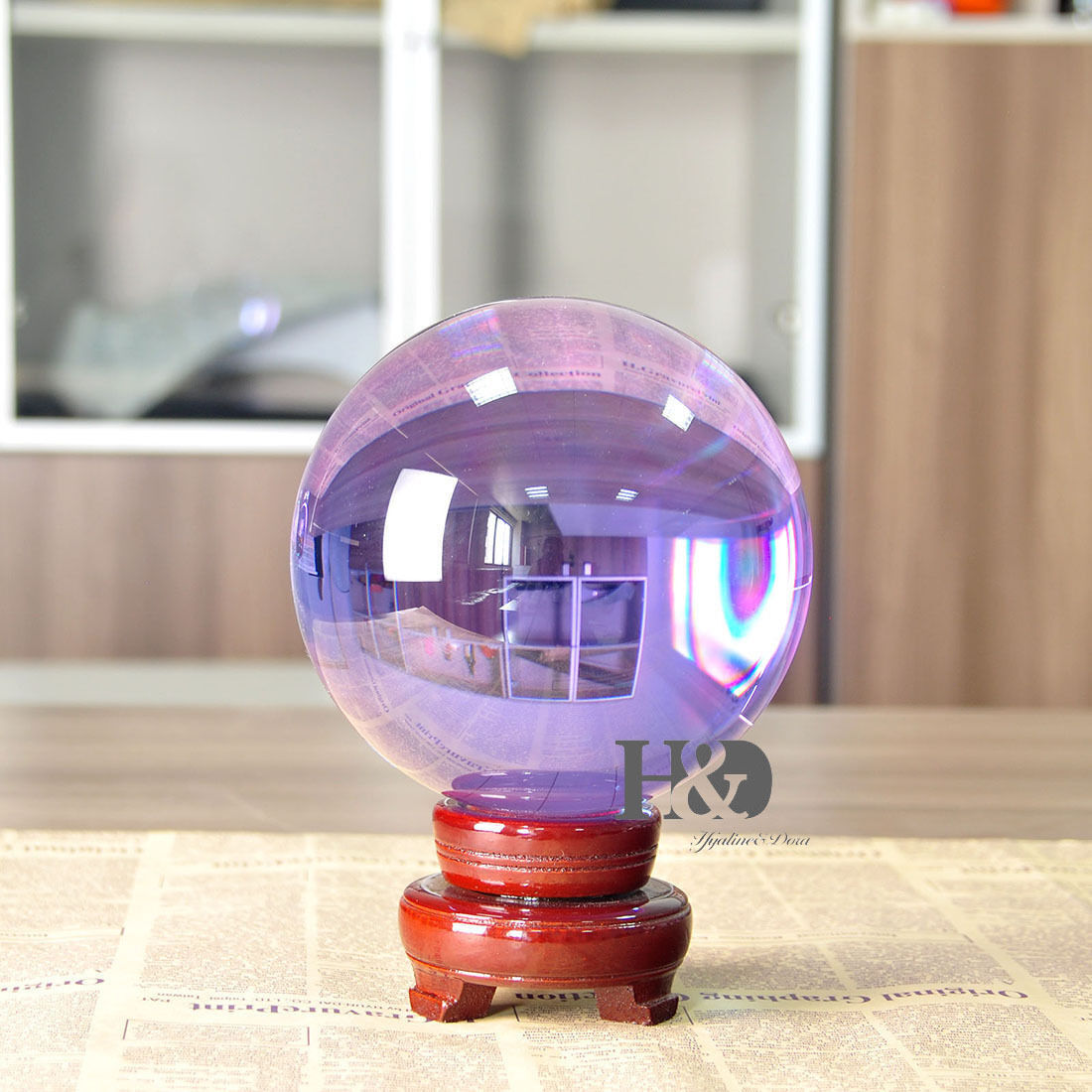 200mm Huge Asian Quartz Purple Magic Crystal Cut Healing Ball Sphere +Wood Stand