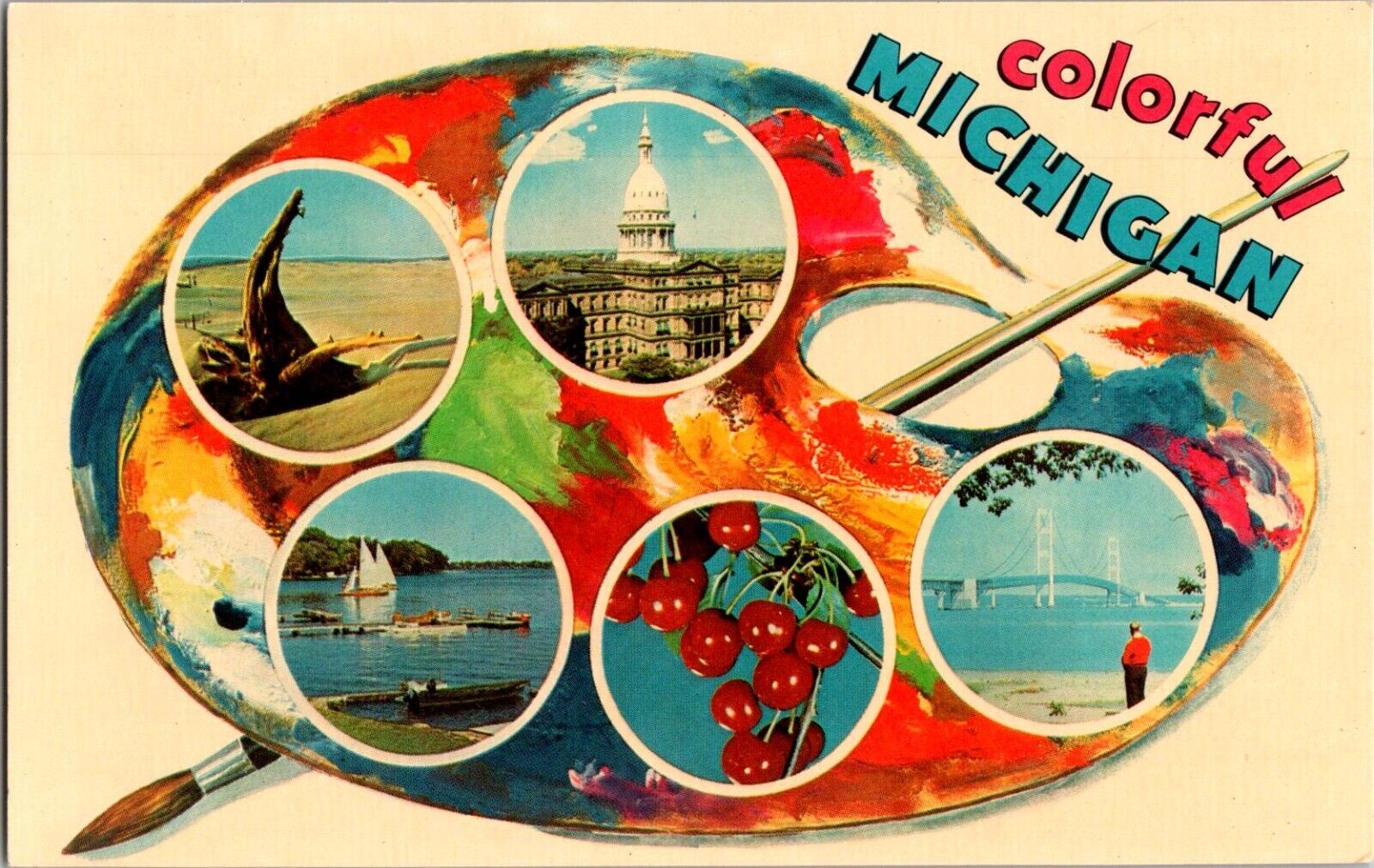 Postcard Colorful Michigan Multi-View Artist Palette