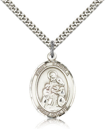 Saint Angela Merici Medal For Men - .925 Sterling Silver Necklace On 24 Chai...