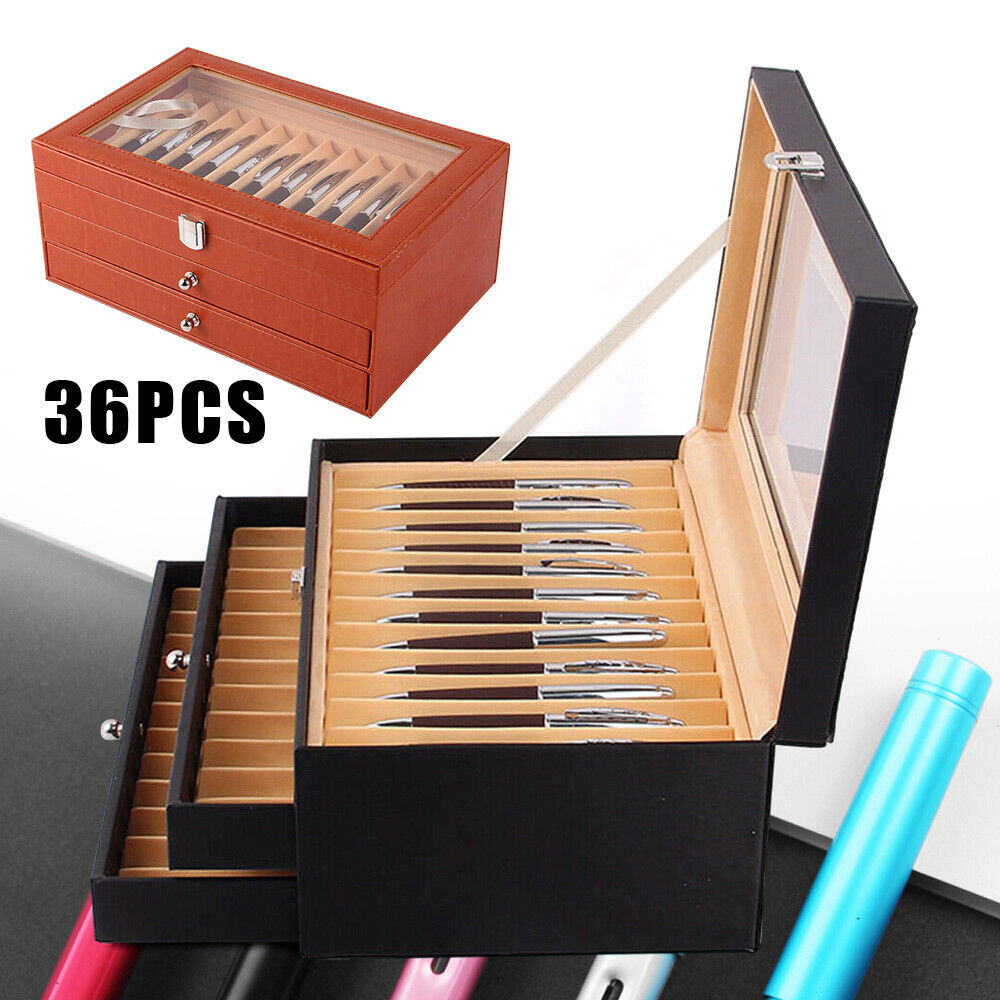 36 Slot Fountain Pen Holder Leather Display Case Organizer Collector Storage Box
