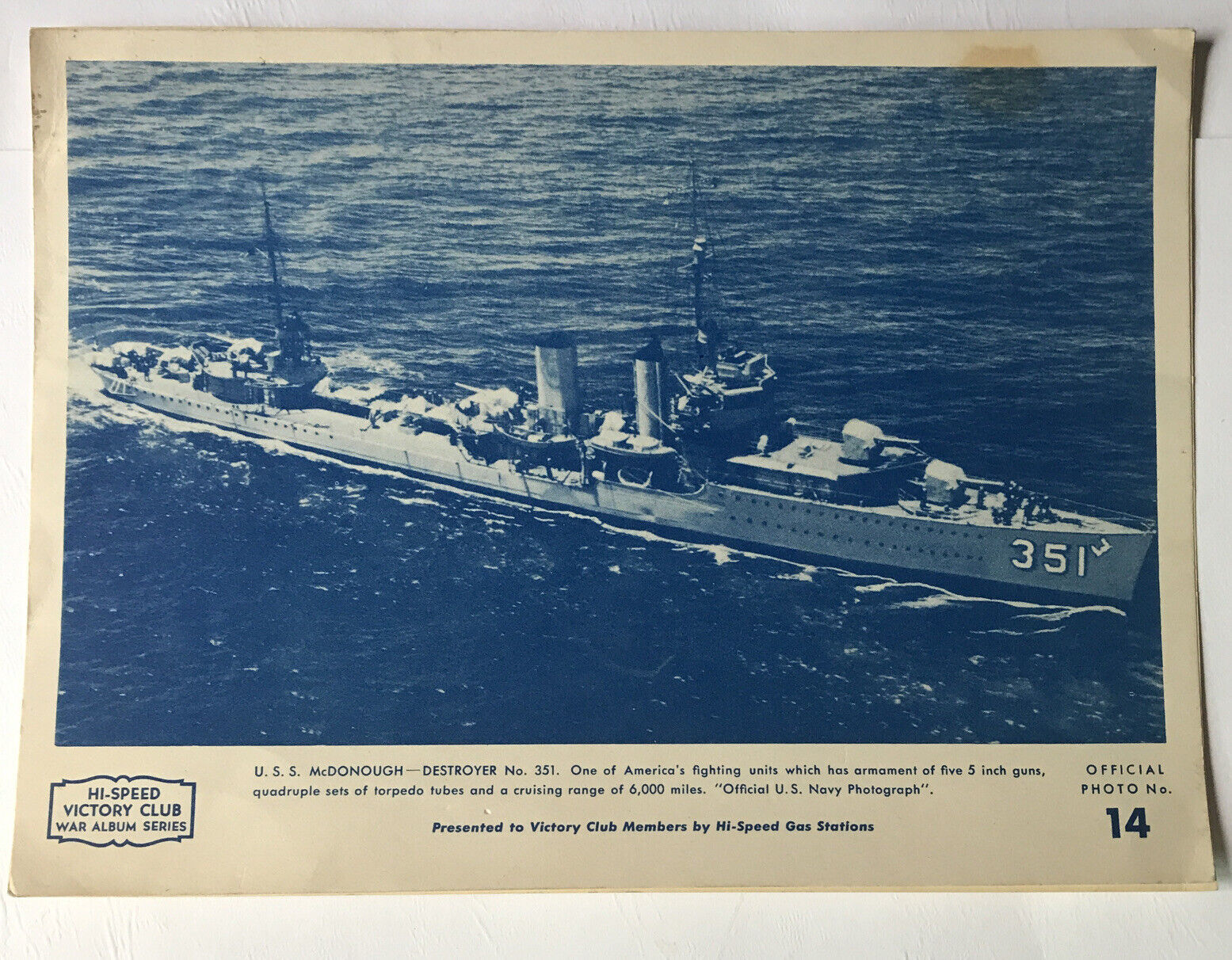 1943 WW2 HI-SPEED GAS VICTORY CLUB PICTURE PROMO- NO14 USS MCDONOUGH DESTROYER