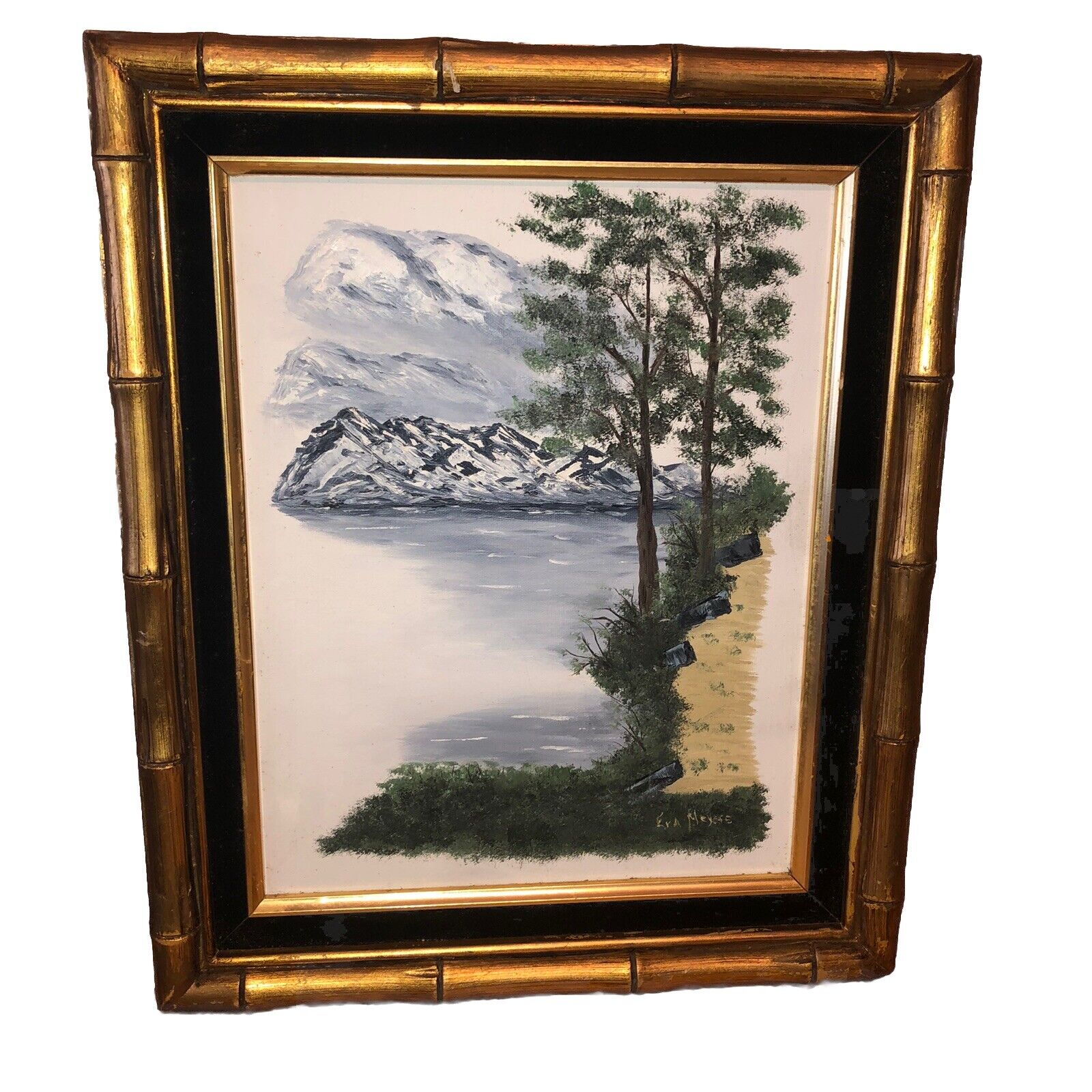 Vintage Trees Mountains River Lake Oil On Canvas Painting Eva Myers