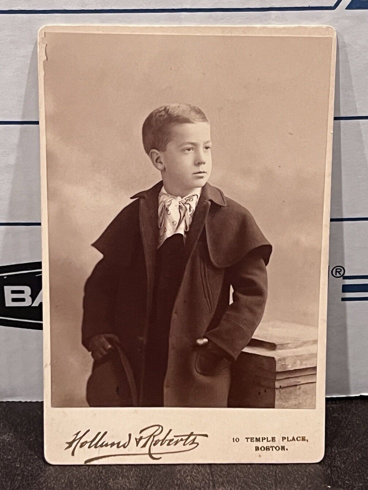 c1880 Handsome Young Man Trenchcoat Gloves Boston Massachusetts MA Cabinet Card