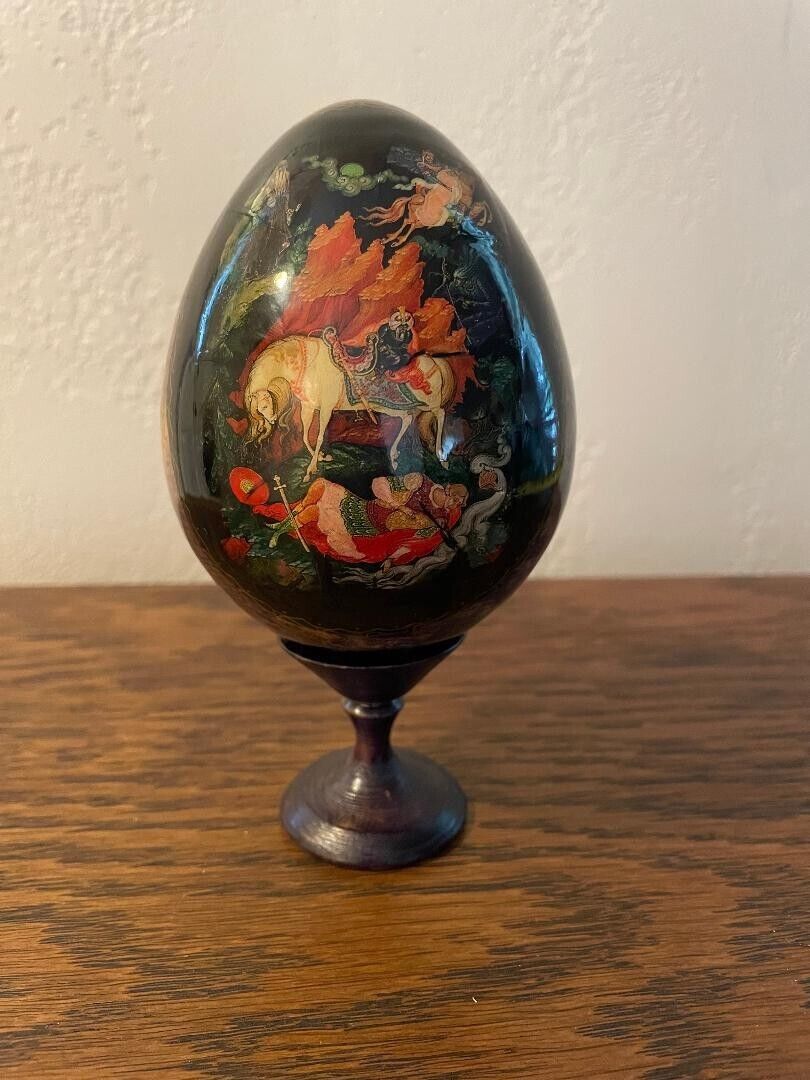 Vintage Russian Hand Painted Lacquer Wooden Egg on Stand 