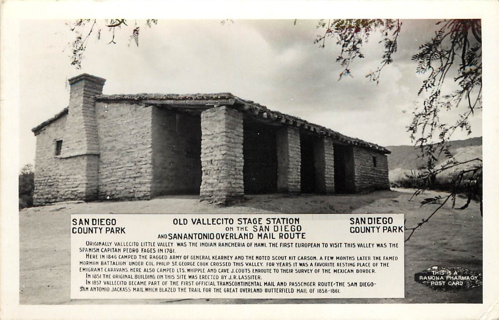 1950s RPPC Old Vallecito Stage Station, San Diego Co. Park, Overland Mail Route