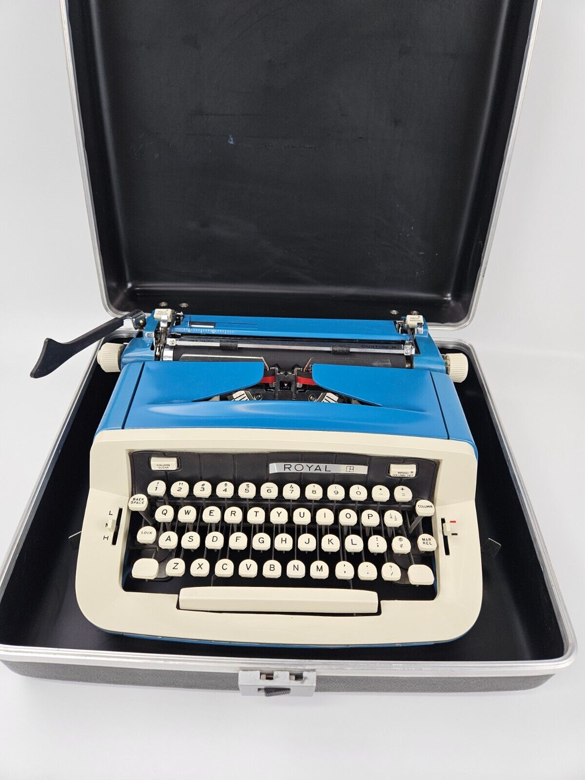 Vintage Royal Custom III Blue Portable Typewriter With Manual, Case & Key