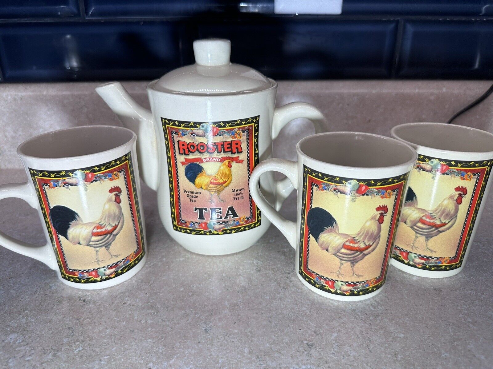 Bay Island Inc. Rooster Tea For Two Set Teapot & 3 Mugs