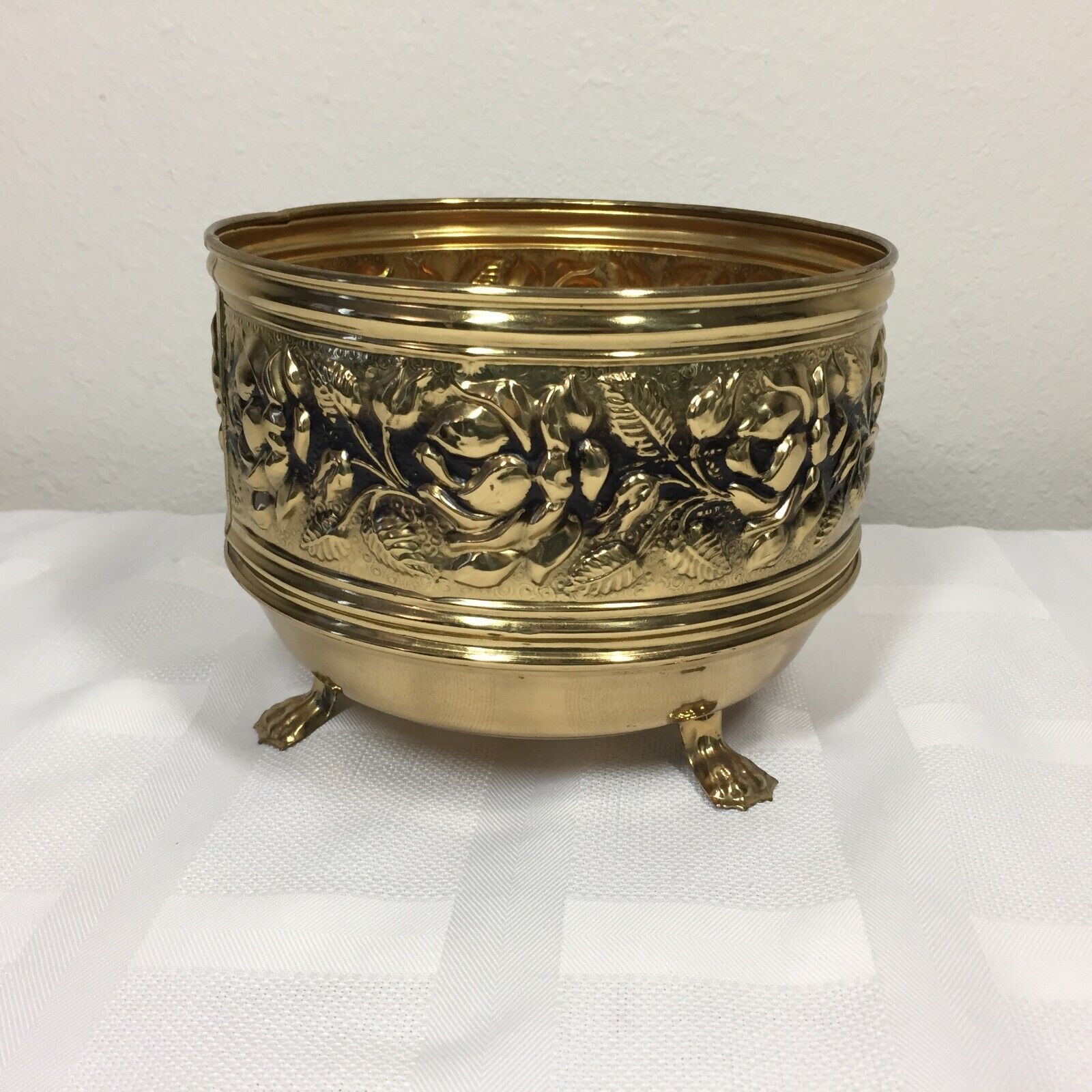 Vintage Brass Planter Embossed Flowers Made in England 7.5\