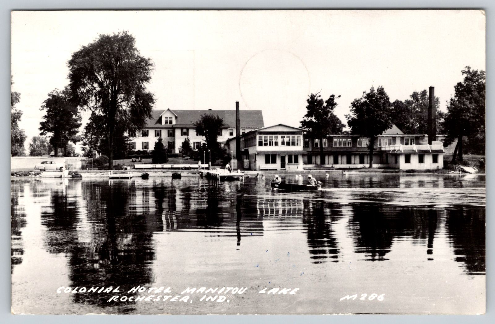 RPPC c1950s Colonial Hotel Manitou Lake Rochester Indiana Canoe Boat Harbor