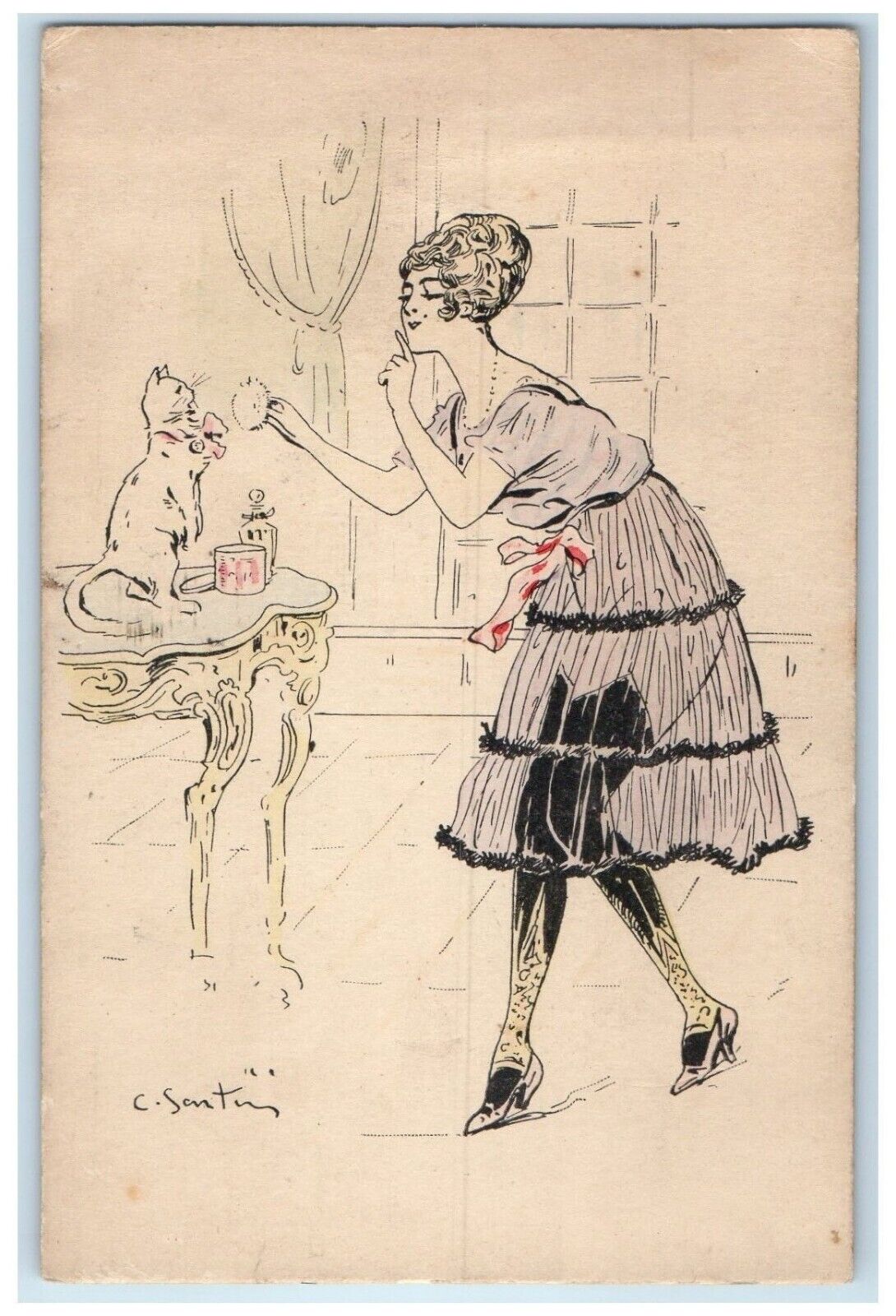 Art Deco Artist Signed Postcard Woman Powdering Cat c1910's Unposted Antique