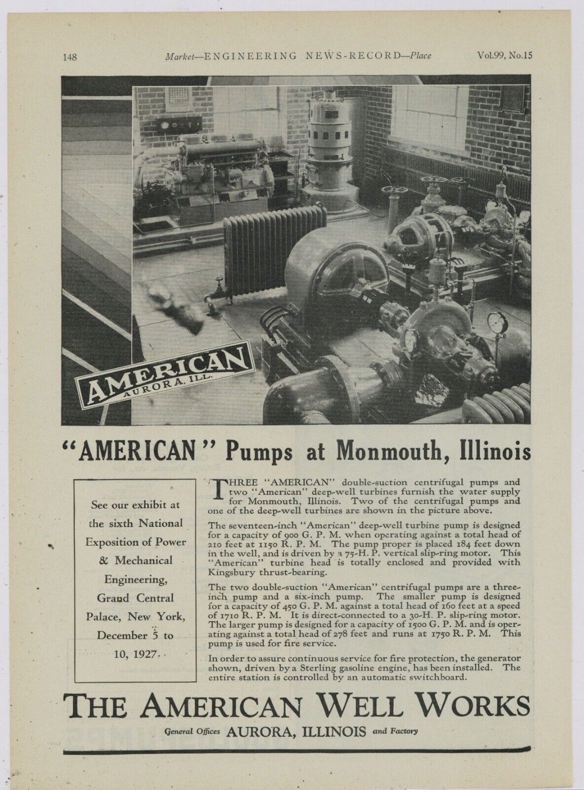 1927 American Well Works Ad: Deep Well Turbine Pump at Monmouth, Illinois Plant