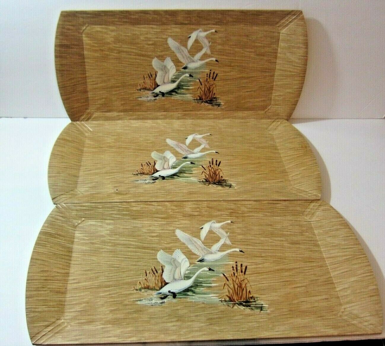 Haskelite Trumpeter Swans Lithograph Paper Lot of 3 Wood Serving Trays 7.5x16 