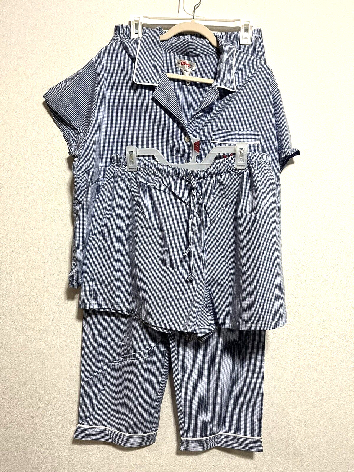 Disney Store Piglet Blue Checked 3 Piece Pajamas PJS Women L/XL 100% Cotton