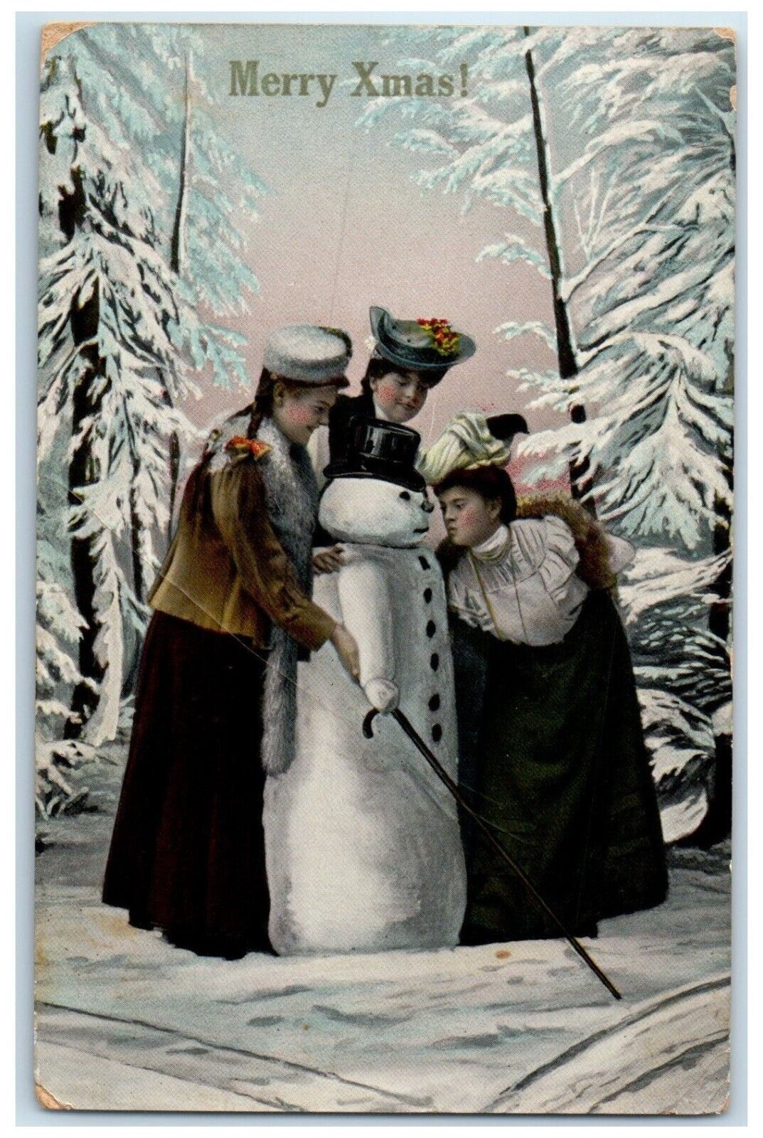 1909 Christmas Girls Snowman Winter Scene Humphreys Missouri MO Antique Postcard