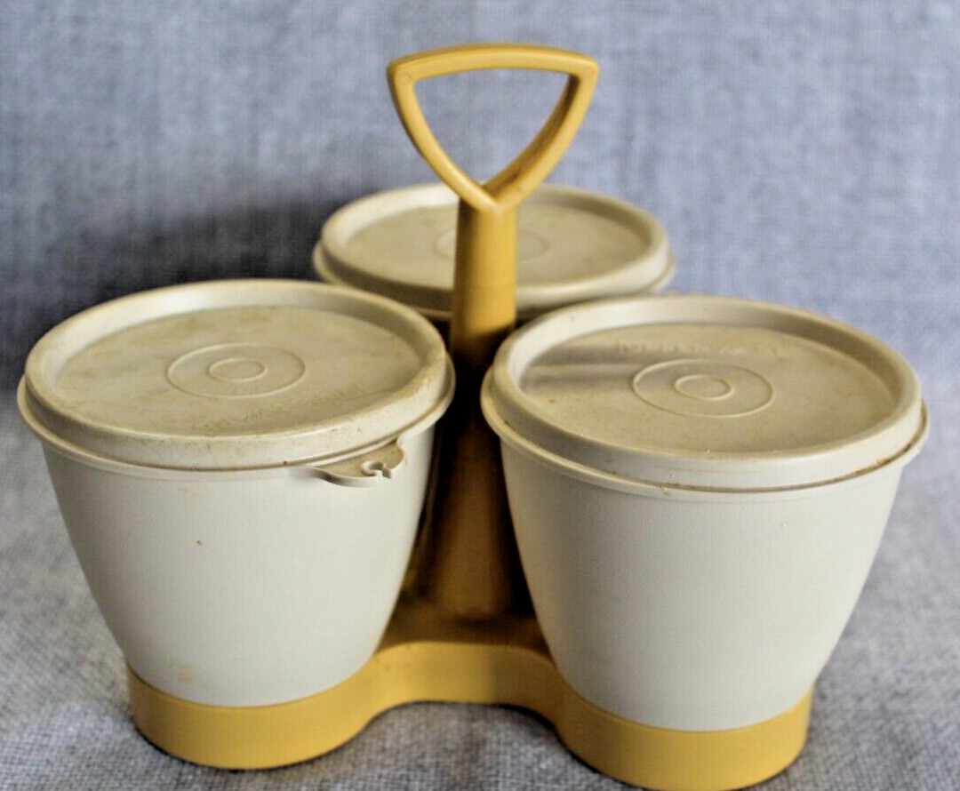 Vintage Tupperware Condiment Caddy In Gold W/ Almond Cups & Lids No Spoons