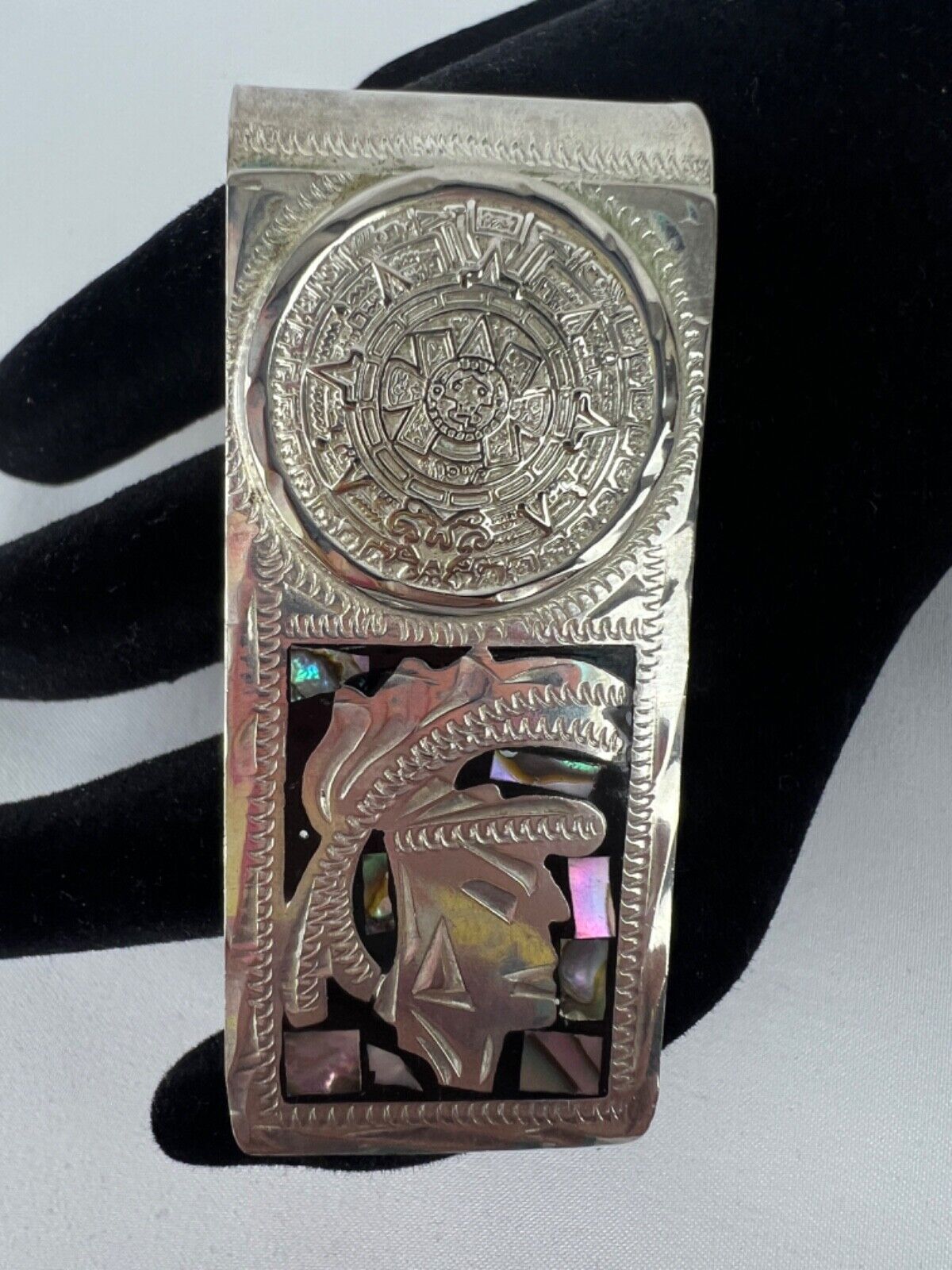 Vintage MEXICO ALPACA Inlaid Abalone Shell Aztec Mayan Man Sun Money Clip