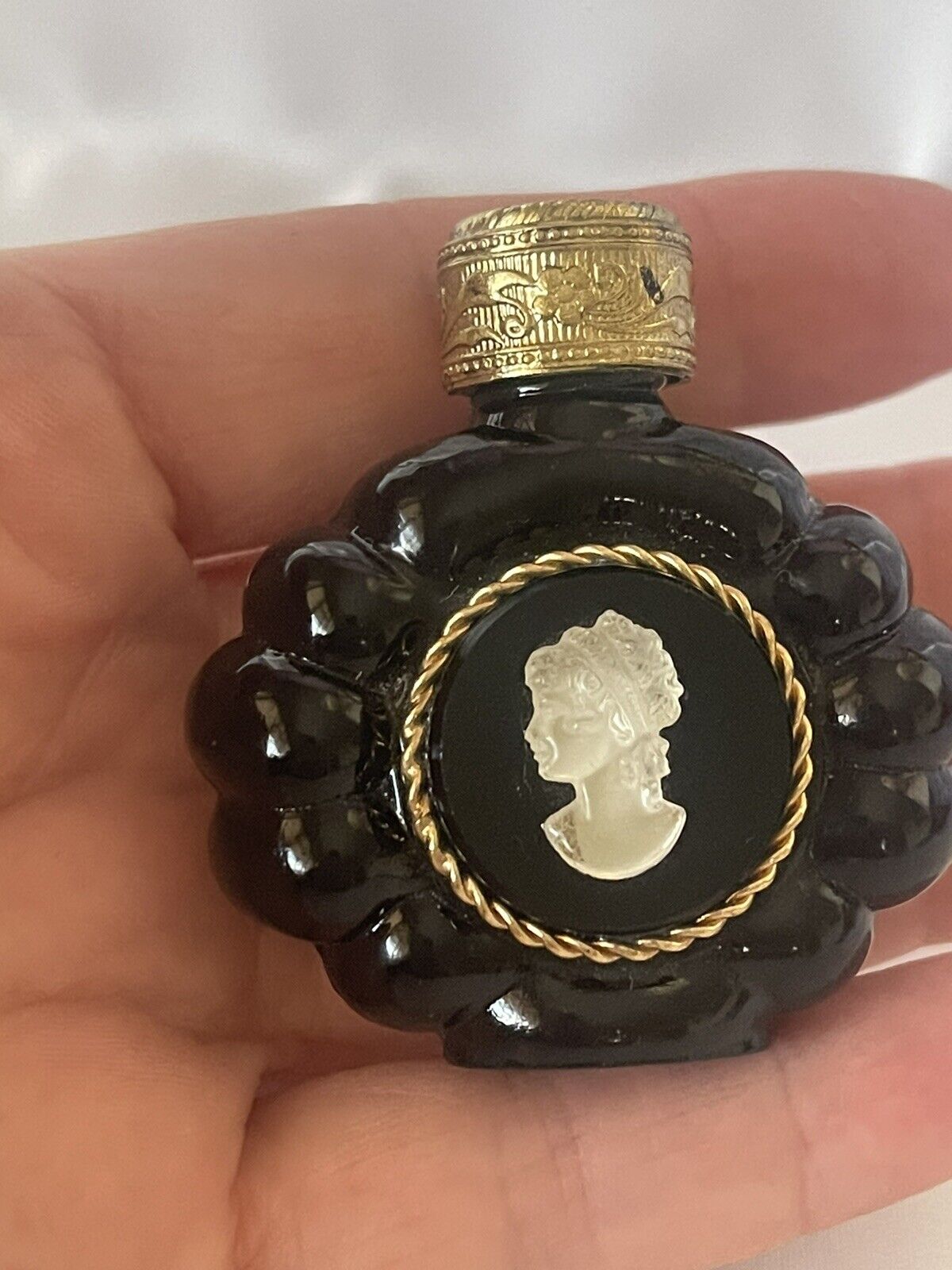 Minature Black Glass Portrait Cameo Vintage Perfume Bottle With Stopper