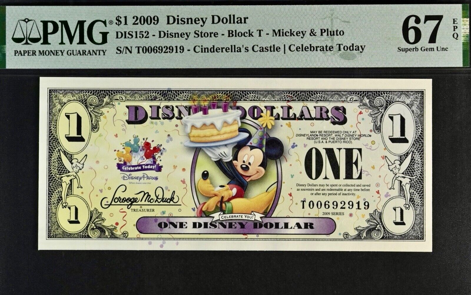 2009 $1 Disney Dollar Mickey & Pluto PMG 67 Superb Gem Unc EPQ DIS 152 T00692919