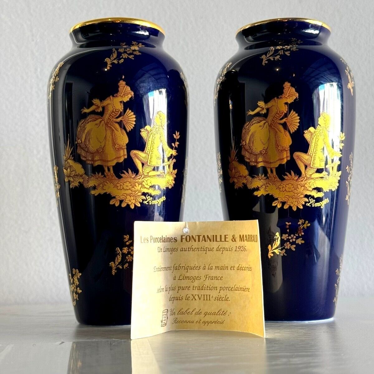 Two Miniature Vintage Limoges France Dark Blue with gold courting coupl and Trim