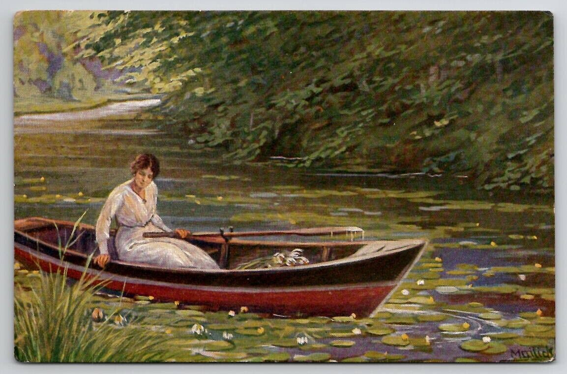 Artist Signed Alfred Mailick Water Lilies Pretty Woman Rowing Boat Postcard A37
