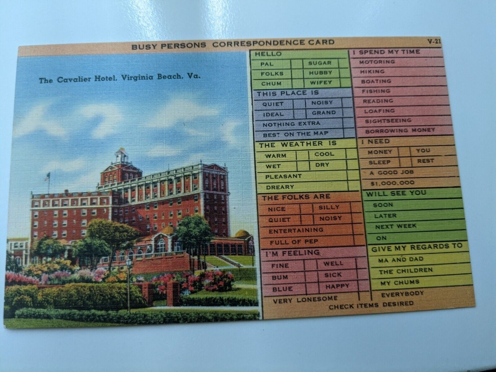 Vintage Postcard Busy Persons Correspondence Card Cavalier Hotel Virginia Beach