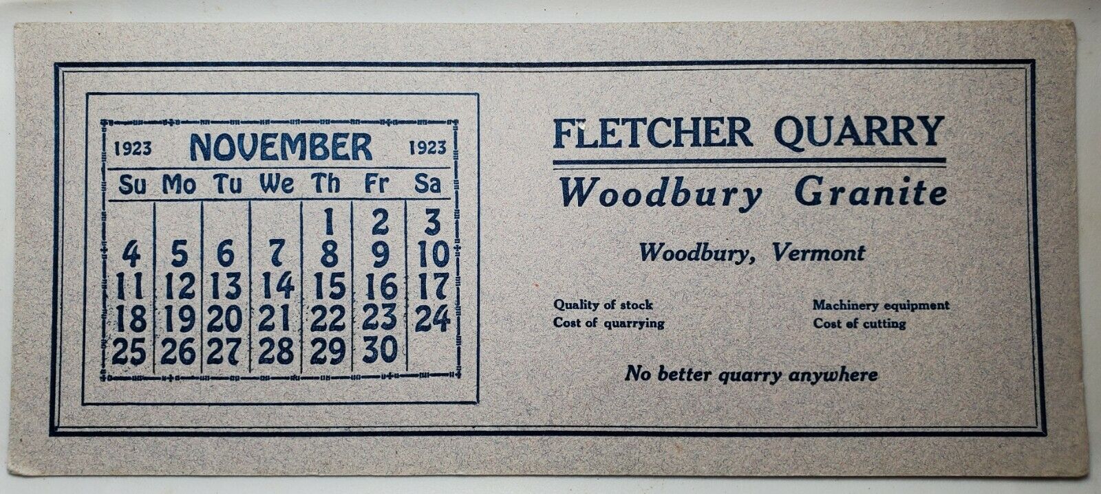 1923 FLETCHER QUARRY WOODBURY GRANITE WOODBURY, VT INK BLOTTER