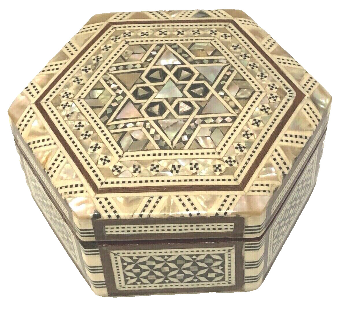 Vintage Wood Mother Of Pearl & Bone Jewish Star Inlayed Box Judaica Egypt