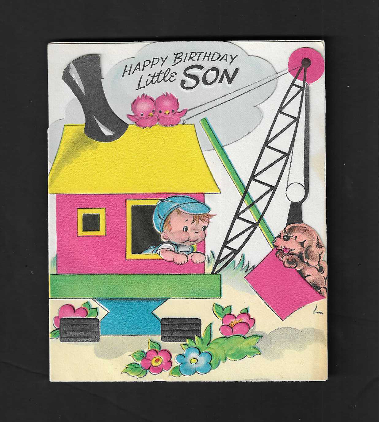 vintage 1954 Greetings BIRTHDAY Little Son Card embossed Steam Shovel Puppy