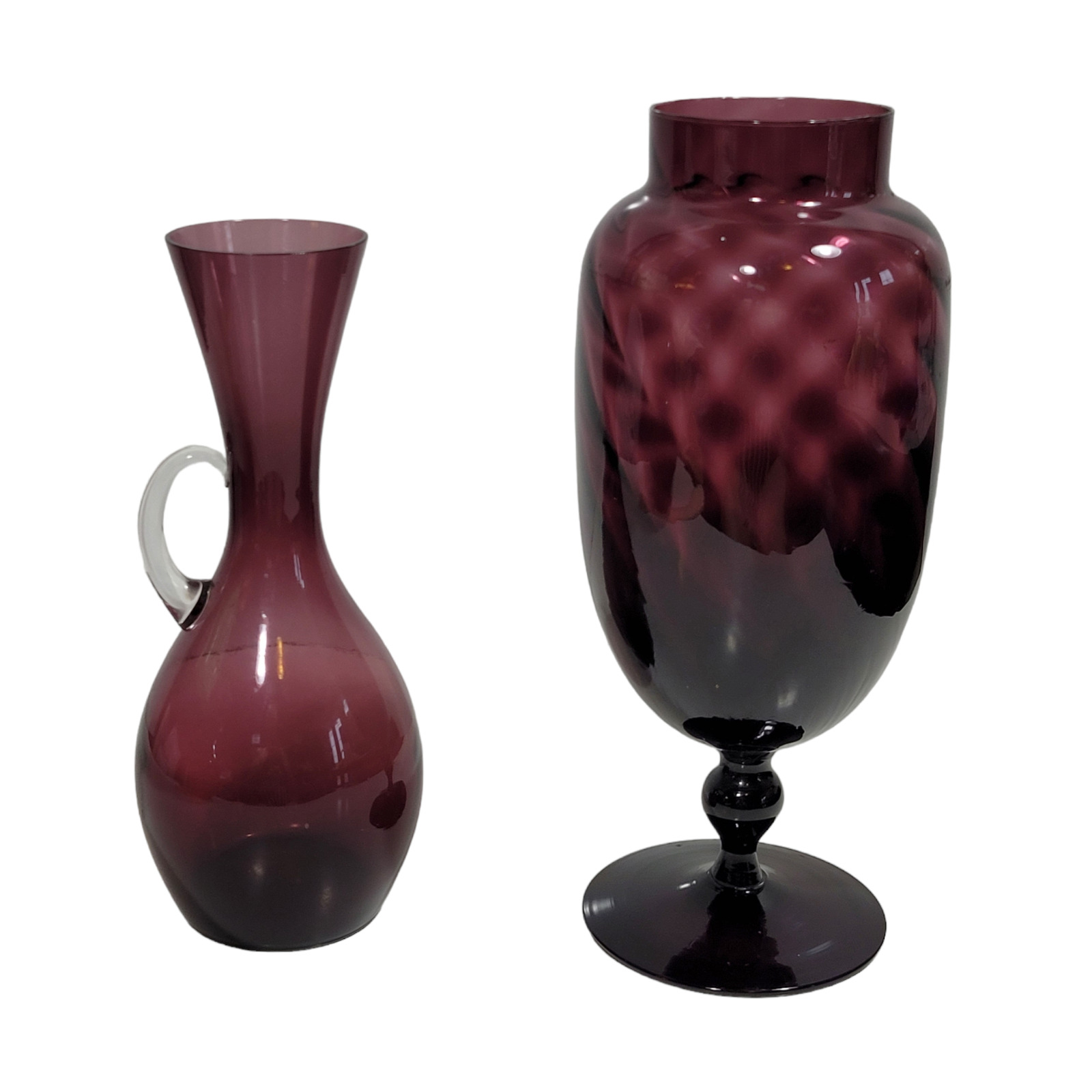 2 Vintage Blown Art Glass Amethyst Purple Vases Pedestal Bud Vase