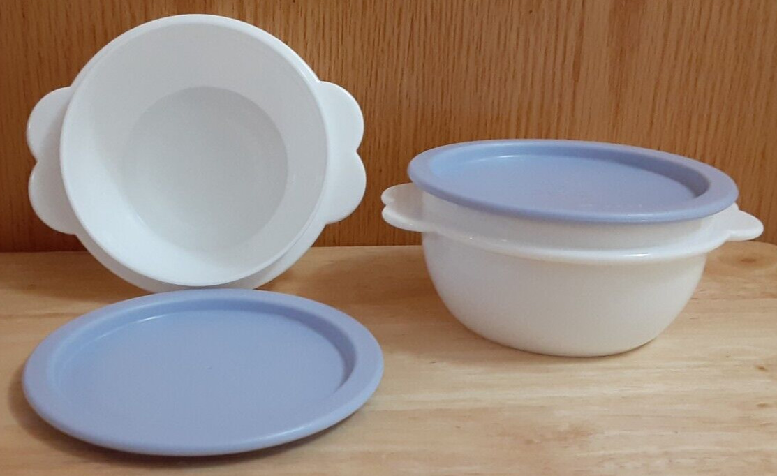 NEW Set of 2 Vintage Tupperware One Touch 16 oz White Butterfly Bowls Blue Seals
