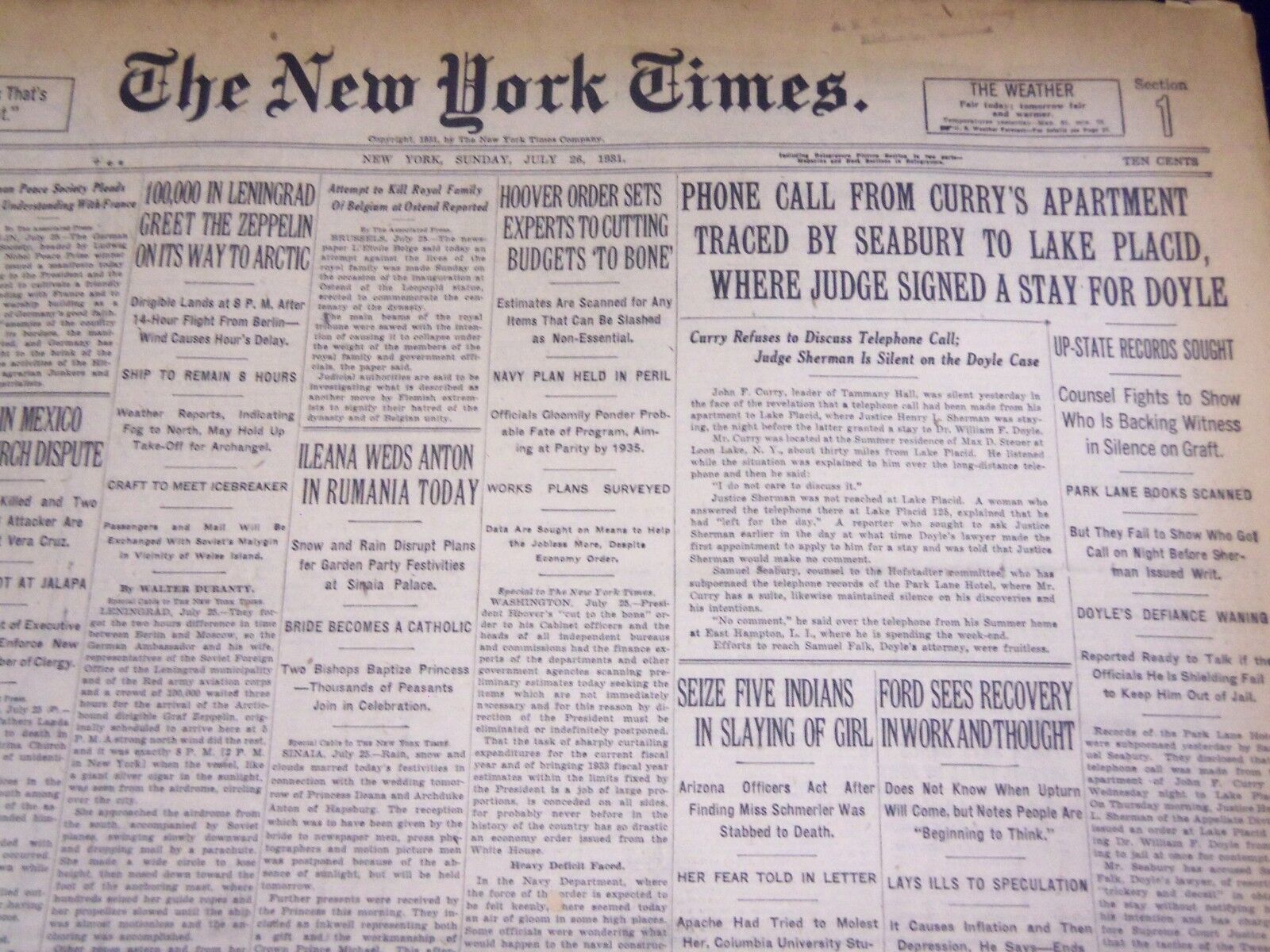 1931 JULY 26 NEW YORK TIMES CALL FROM CURRY'S APARTMENT TRACED SEABURY - NT 2205