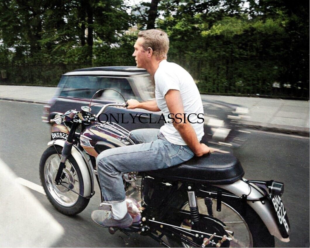 COOL ACTOR STEVE MCQUEEN RIDING HIS TRIUMPH MOTORCYCLE CANDID 8X10 COLOR PHOTO