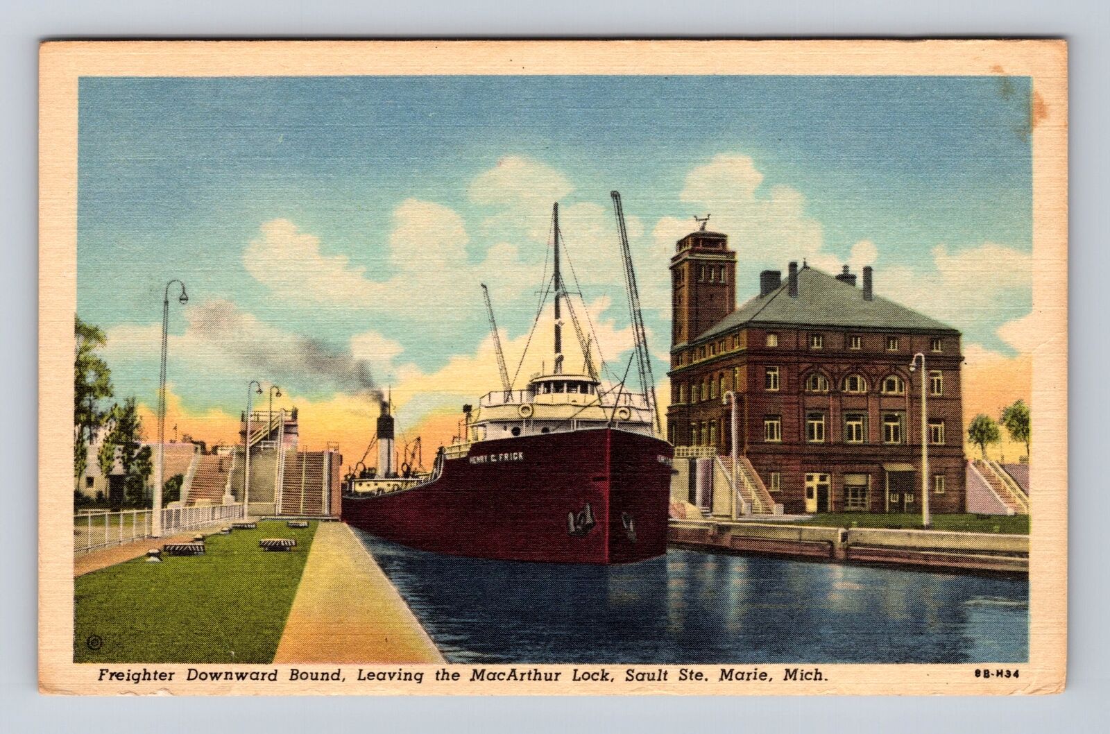 Sault Ste. Marie MI-Michigan, Freighter Leaving MacArthur Lock, Vintage Postcard