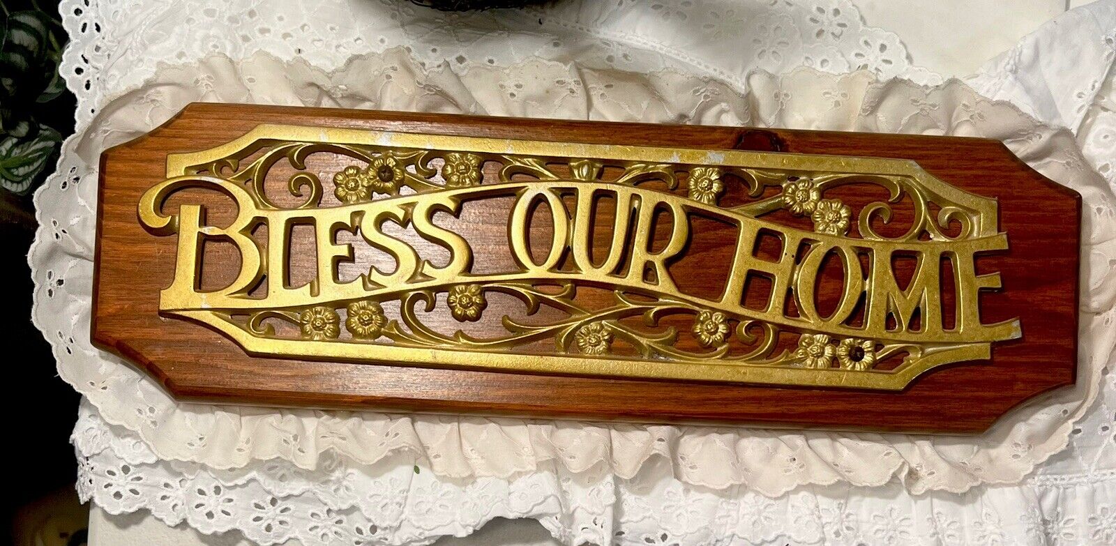 Vtg BLESS OUR HOME Wood Sign Country Decor Eyelet LaceMetal Floral Gold 17x5.25
