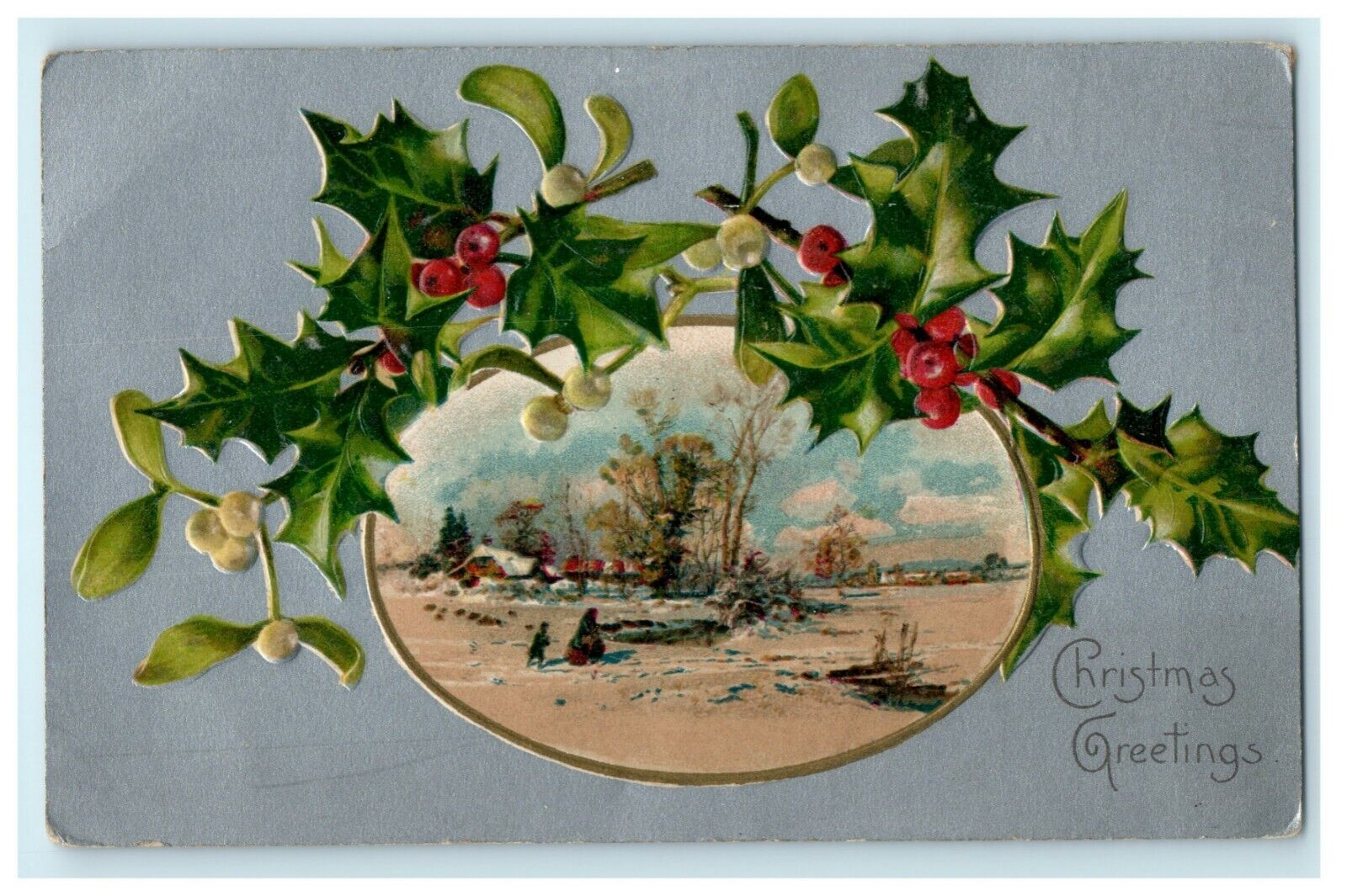 Antique 1910\'s Christmas Farmstead Holly Missletoe Embossed Postcard