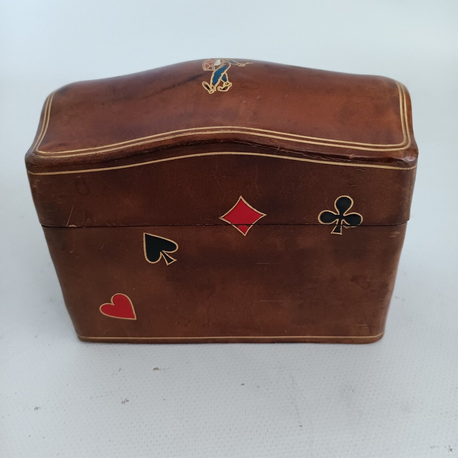 Vintage Italian Leather 2 Deck Card Box Embossed with Suits & Joker VGC Florence