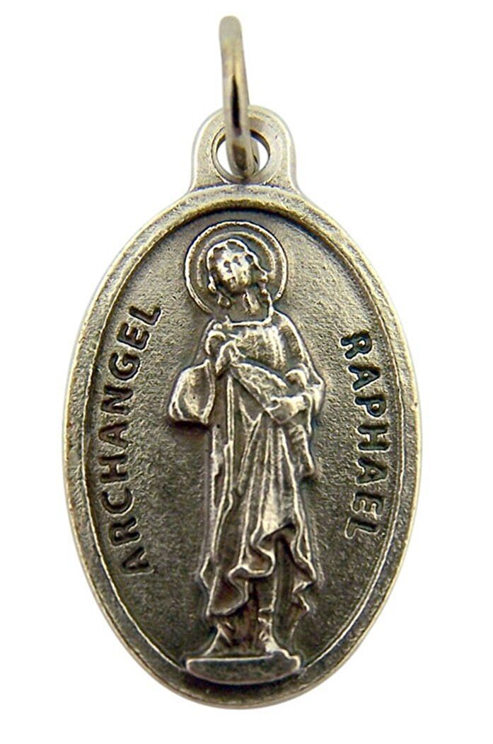 Silver Toned Base Archangel Saint Raphael Pray for Us Medal Pendant, 1 Inch