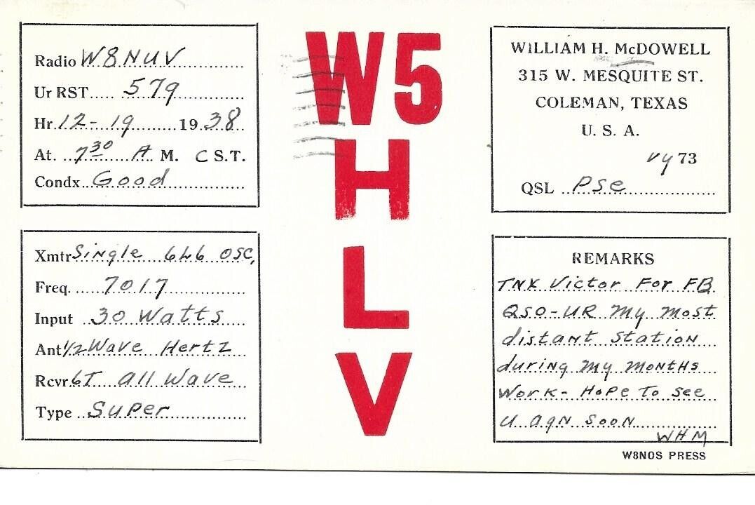 QSL 1938 Coleman Texas   radio  card