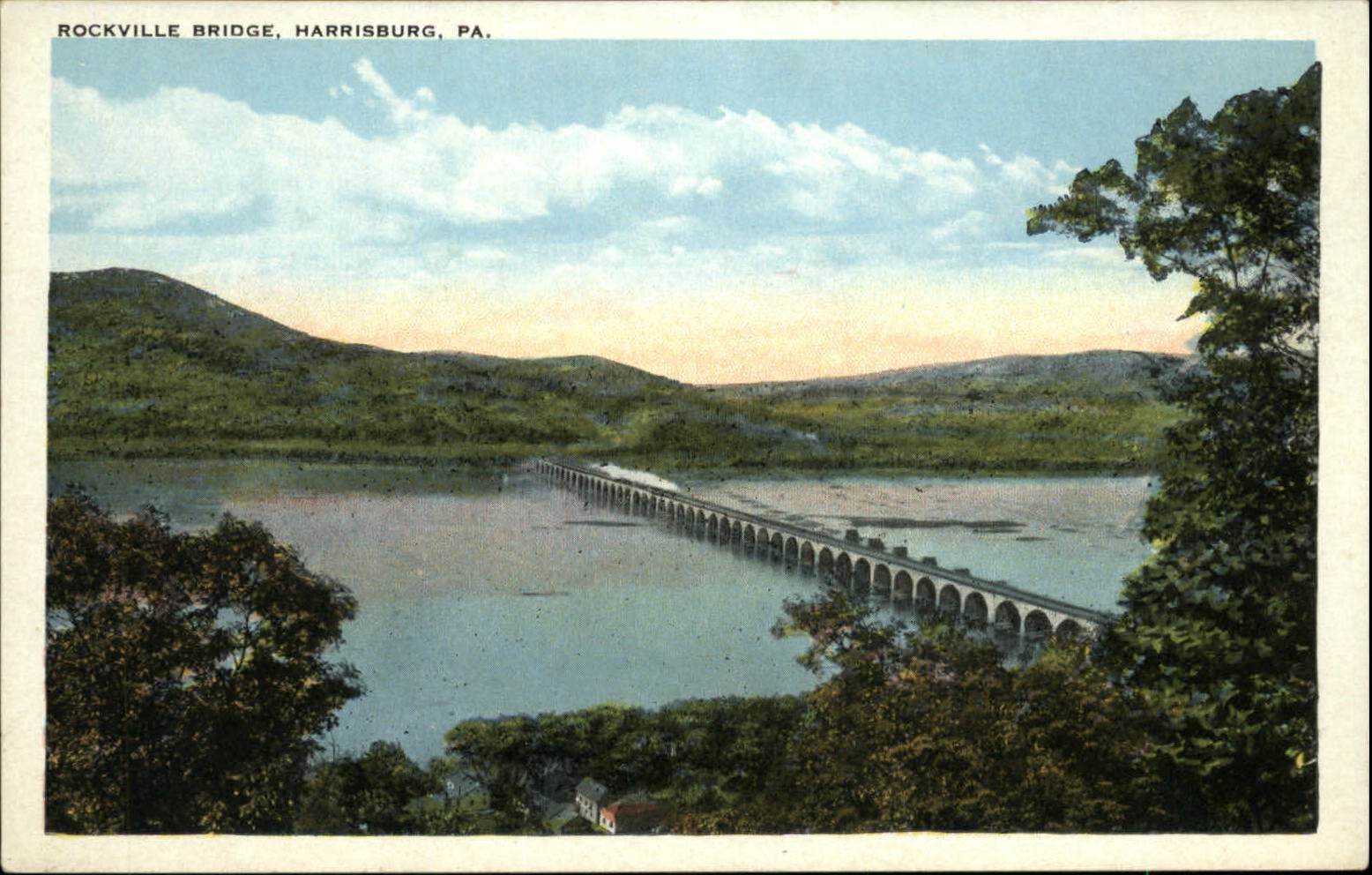 Rockville Bridge ~ Harrisburg Pennsylvania PA ~ 1920s vintage aerial postcard