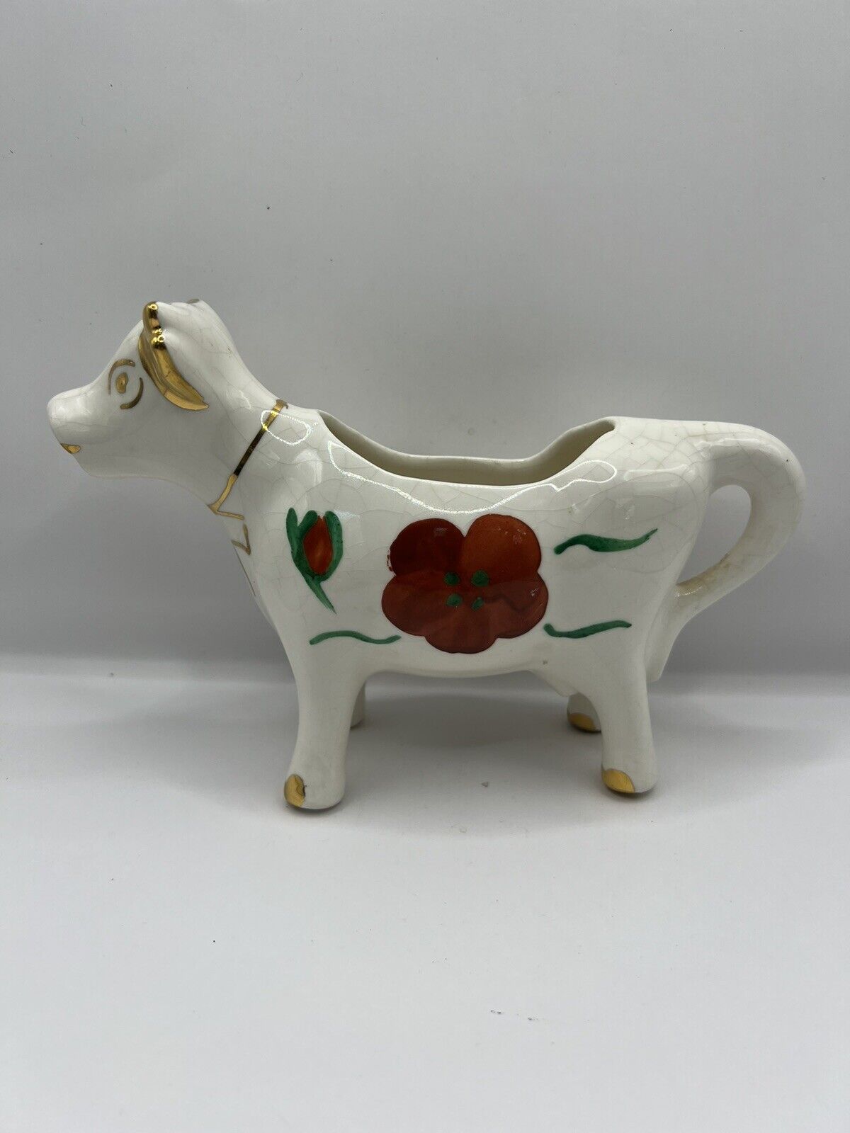 Vintage Cow Creamer With Red Flowers And Gold Trim