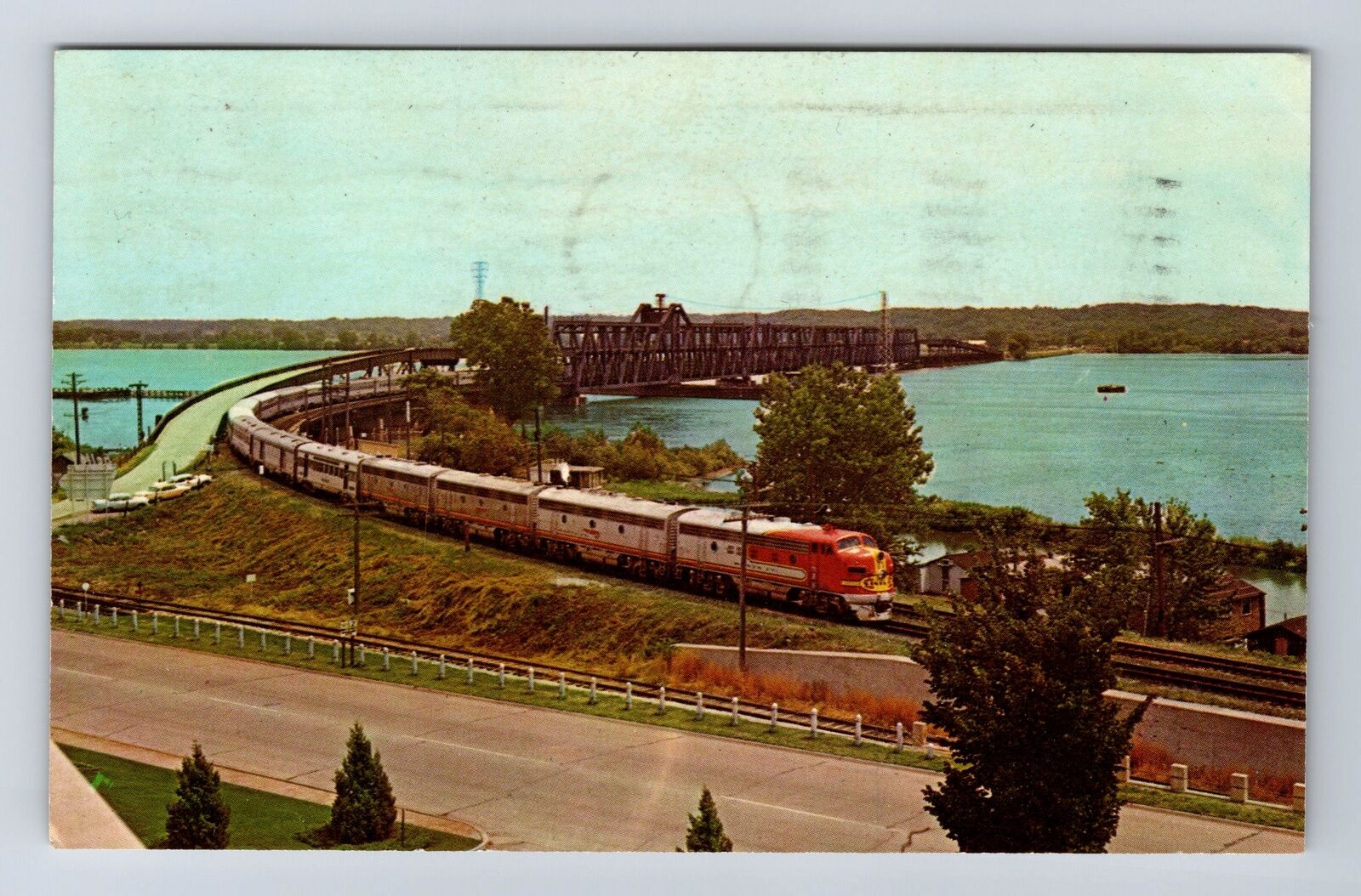 Fort Madison IA-Iowa, Aerial Santa Fe Bridge River, Vintage c1965 Postcard