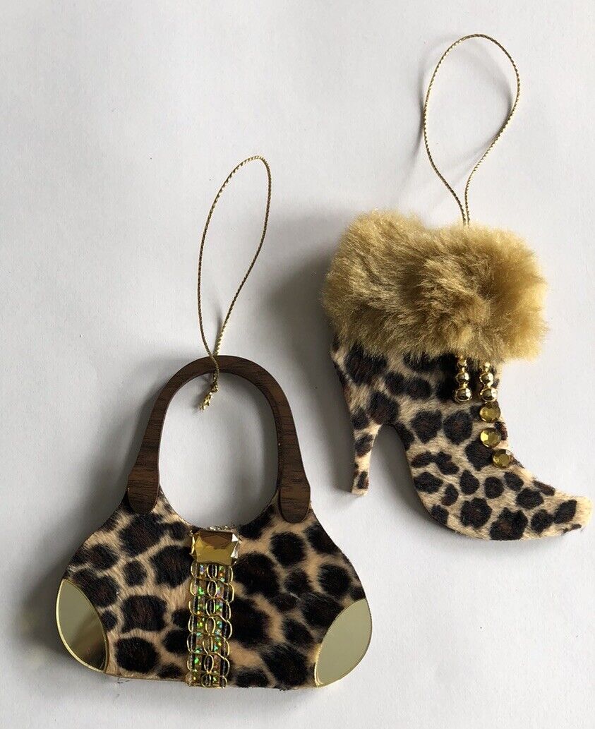 Animal Print Leopard Shoe Purse Christmas Ornaments Chic Glam Holiday Decor \